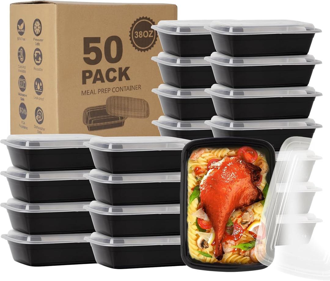 50 Pack- Meal Prep Containers 38oz, Plastic Food Prep Containers Reusable, Leakproof To Go Food Containers with Lids, BPA-Free, Microwave/Dishwasher/Freezer Safe