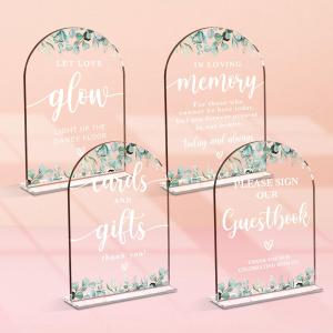 4 Pcs Acrylic Wedding Signs for Reception, Bridal Shower Decorations, Cards and Gifts Signs, Guest Book Sign, Arch Acrylic Table Top Sign with Holder for Wedding Reception (Clear Eucalyptus Leaves)