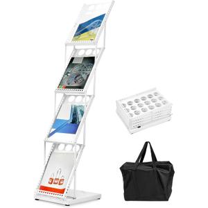 QWORK Foldable Brochure Display Stand, Magazine Brochure Display Rack Stand, 4 Pocket Literature CatalogTradeshow Display Stand, for Office Store and Exhibition Trade Show (White) (1 Pack)