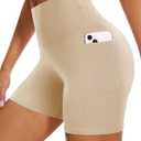 DHSO High Waisted Biker Shorts for Women-5" Tummy Control Fitness Athletic Workout Running Yoga Gym Shorts (S-M, Light Khaki)