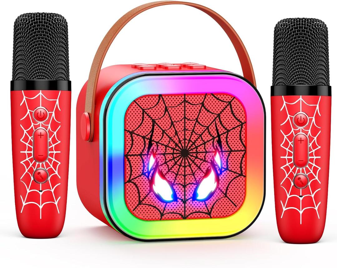 LED Karaoke Machine Toy: Mini Microphone for Kids 4 5 6 7 8 9 10 Year Old Boys Girls Toys Birthday Gifts Portable Bluetooth Speaker with 2 Wireless Mics for Adults Boy Girl Ages 3-12 (Red)