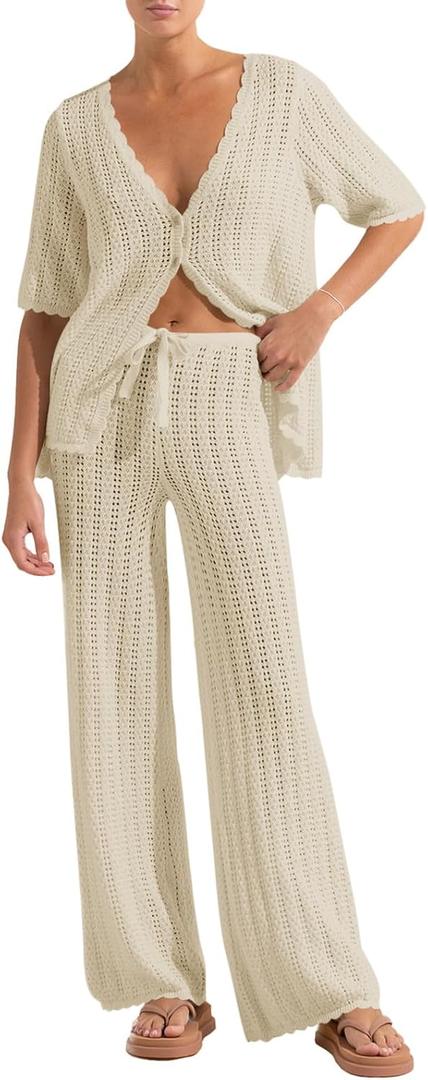 Imily Bela Women's Summer 2 Piece Swimsuit Cover up Crochet Knit Cardigan Tops Long Pants Set Bathing Suit Beach Outfit (X-Large, Apricot)