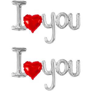 Dzrige 38 Inch I Love You Balloons I Love U Heart Shaped Balloons Silver Letter Foil Balloon Banner for Valentines Day Mothers Day Wedding Anniversary Decoration Supplies, 2 Pieces