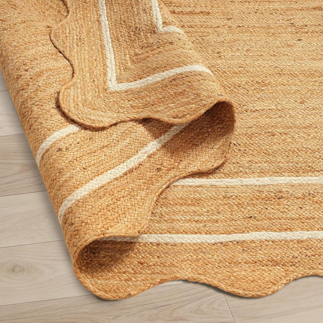 GRUHUM Jute Area Rug 6'x9' ft Wave Scalloped Natural Ivory Border Handwoven Boho Reversible Rustic Vintage Farmhouse Soft Braided EcoFriendly Rug - Indoor Livingroom Bedroom Hallways 6x9 ft Large