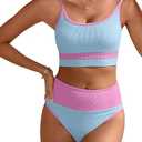 ANRABESS Women High Waisted Bikini Sets Color Block Summer Beach Vacation 2 Piece Bathing Suit Tummy Control Ribbed Swimsuit (Blue Pink, L)