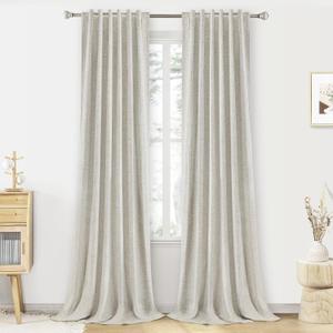 PANGSINNE 100% Blackout Linen Curtains 96 inch Length - 2 Panels Set Thermal Insulated Black Out Drapes for Living Room Bedroom Back Tab/Rod Pocket Room Darkening Window Curtain 8 FT, 52"W x 96"L