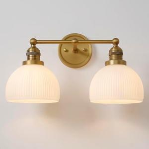 Teqinchy 2-Light Gold Wall Sconces,Vintage Bathroom Wall Sconce Light with Milk Glass Double Arm Brass Bathroom Vanity Light for Living Room Bedroom Kitchen E26 Hardwire Indoor