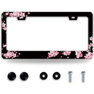 Cherry Blossoms License Plate Frame Beautiful Pink Flowers License Plate Frames Funny for Car Decorative Parts Stainless Stee License Plate for Standard Us Canada License Plate Holder 12x6 Inch