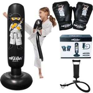 Punching Bag for Kids - 5' 3" Tall and Stable - Ninja Kids Inflatable Punching Bag Combo Kit with Kids Boxing Gloves, a Pump and Repair Kit. Boxing Bag for Immediate Bounce Back