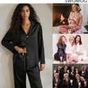 SWOMOG Long Sleeve Pajamas Set Silk Satin Sleepwear Button Down Pjs Loungewear with Pocket (Black, M)