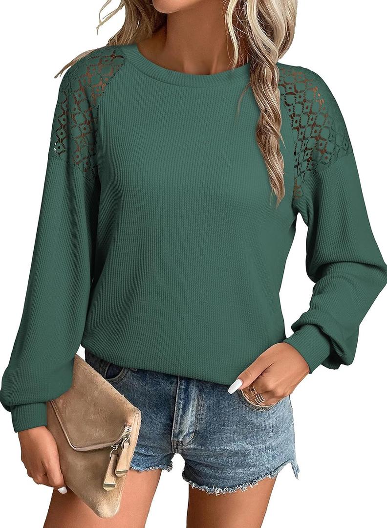 EVALESS Womens Long Sleeve Tops Dressy Casual Crewneck Waffle Lace Patchwork Knit T Shirts Blouses Fall Fashion 2025 (Green, S)