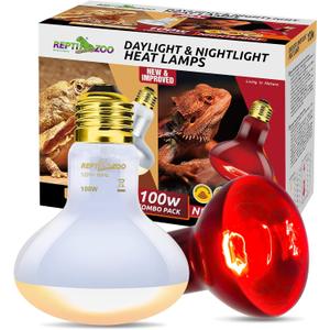 REPTI ZOO 100W Reptile Heat Lamp Bulbs Combo, Upgraded 2 Pack Day & Night Basking Spot Light, UVA Daylight Heating Lamp & Infrared Heat Lamp for Reptiles & Amphibians