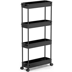 SPACEKEEPER Slim Rolling Storage Cart 4 Tier Bathroom Organizer Cart Mobile Shelving Unit Slide Out Utility Cart for Kitchen, Bathroom, Makeup, Craft, Laundry Narrow Places, Black