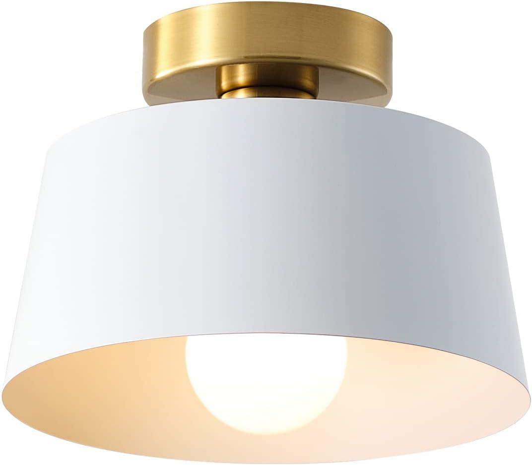 Ceiling Light Fixture, Hallway Ceiling Light with Gold Plate and Matte Black Shade, Modern Simple Style Porch Light Fixtures Semi Flush Mount (White)