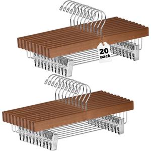 Hangers Wooden Pants Hangers - 20-Pack Swivel Hook Cloth Hanger Set - Lotus Wood Skirt, Pant, Shorts and Slack Hangers with Adjustable Clip (Walnut - Chrome Hook, 20)