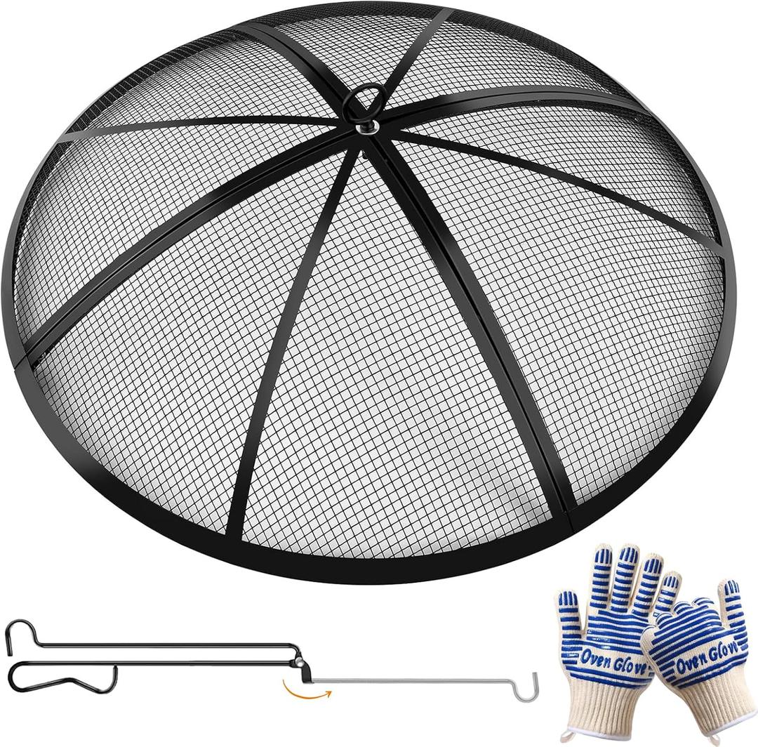 Fire Pit Spark Screen, Outdoor 27 Inch Round Fire Pit Screen with Foldable Hook and Fire Safety Gloves, Heavy Duty Steel Mesh Fire Pit Cover, Fire Pit Lid for Backyard, Beach, RV Camping