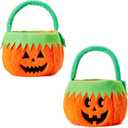 CHOIEO 2 Pcs Halloween Plush Pumpkin Baskets with Handles, Cute Candy Buckets for Trick-or-Treating and Halloween Party Decor (Orange Green Pumpkin Faces)