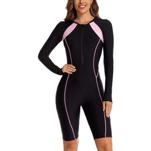 ECUPPER Women Long Sleeve One Piece Swimsuit Boyleg Zipper Rash Guard Bathing Suit Coverage Surfing Swimwear Built in Bra (X-Large, Black-9)