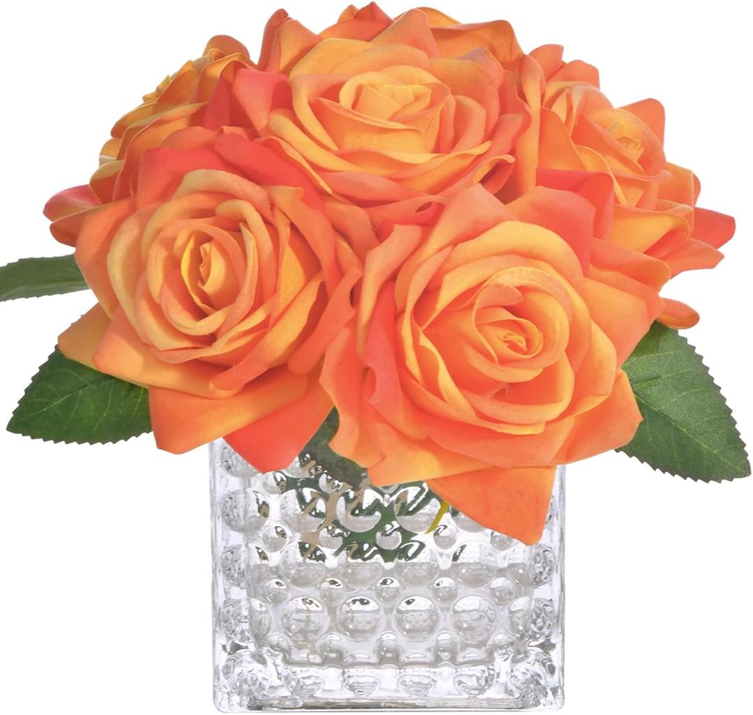 Fule Artificial Silk Rose Flower Centerpiece Arrangement in Glass Vase with LED Light for Home Wedding Decoration (Orange)