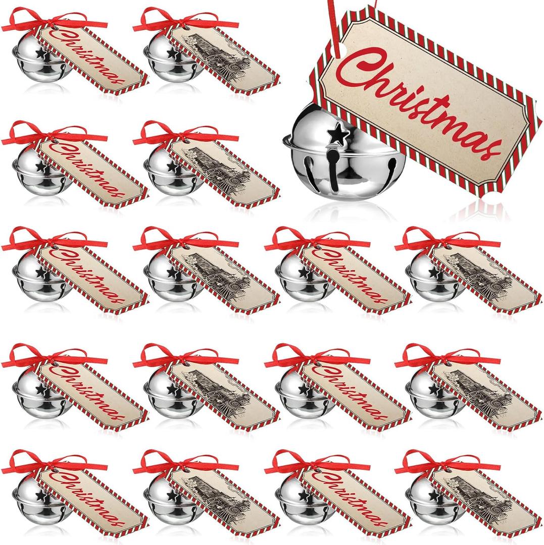 Geyee 24 Set Christmas Believe Bell Ornament 1.6 Inch Polar Sleigh Bell Bulk with Christmas Believe Ticket Ribbon Train Ticket Silver Xmas Tree Ornament for Xmas Party Favors Gift
