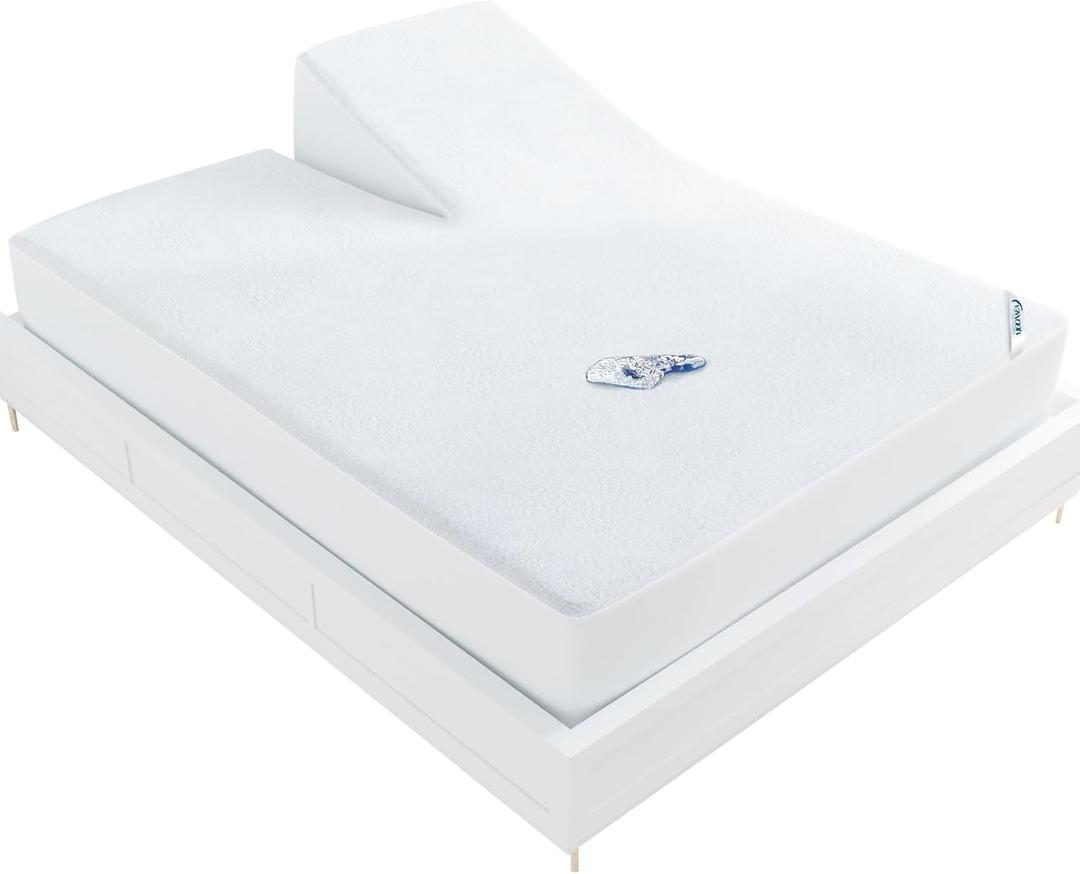 Split Head King Size Mattress Protector Waterproof, for Adjustable Bed, 34" Top Split from Head, Smooth Top, Breathable Skin Friendly and Noiseless Fitted Sheet, Viscose Terry Mattress Cover, White