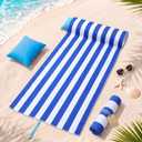 2 in 1 Microfiber Beach Towel with Flat U-Shaped Inflatable Pillow 71'' x 32'' Blue White Stripe Lounge Chair Towel Oversized Quick Dry Blanket with Straps Pillowcases for Seaside Pool, Large