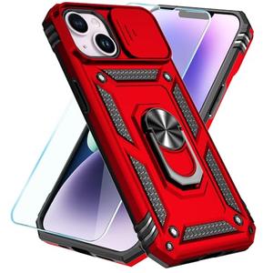 SunStory Compatible with iPhone 14 Plus Case with HD Screen Protector & Slide Camera Cover & Rotated Ring Kickstand, [Military-Grade] Phone Case for iPhone 14 Plus (Red)