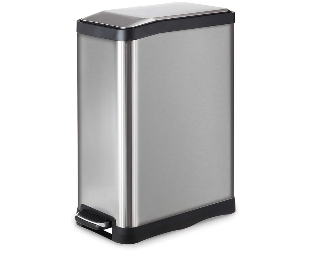 Home Zone Stainless Steel Kitchen Trash Can with Rectangular Design and Step Pedal | 45 Liter / 12 Gallon Storage with Removable Plastic Trash Bin Liner, Silver