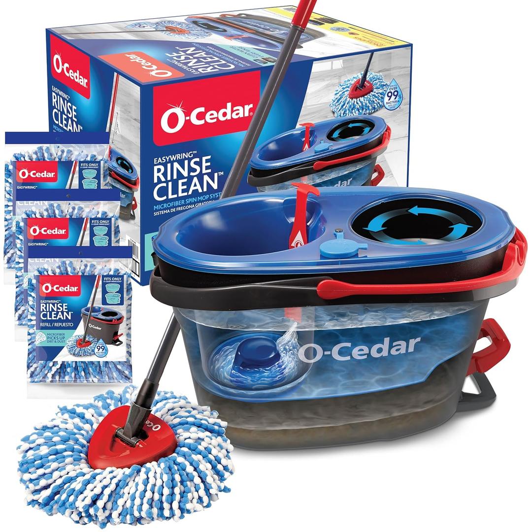 O-Cedar EasyWring RinseClean Microfiber Spin Mop & Bucket Floor Cleaning System with 3 Extra Refills, Plastic, Grey