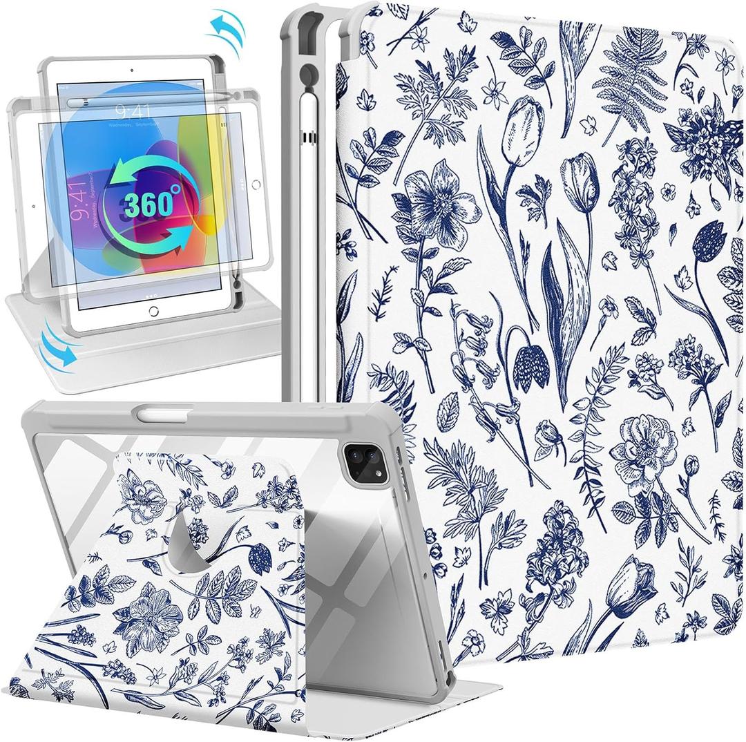 for iPad Air 11 inch Case, Air 5th/4th Generation 10.9, Pro 11'' Case Women Girls for Apple Pencil Holder Cute Girly Flower Floral Rotating Folio Cover for iPad Air 5/Air 4/Pro 11" (2-Blue Floral)