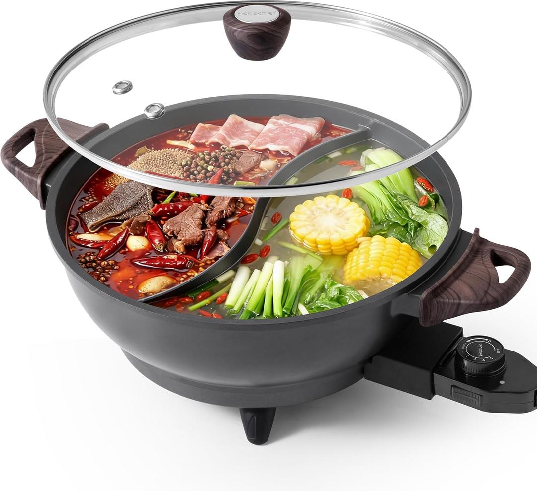 TWIN Electric Hot Pot with Divider | PFAS-Free Ceramic Nonstick Pot | EvenHeat Cast Aluminum Body | 1500W Fast Heating | Dual-Flavor Shabu Shabu Pots for Family Use 