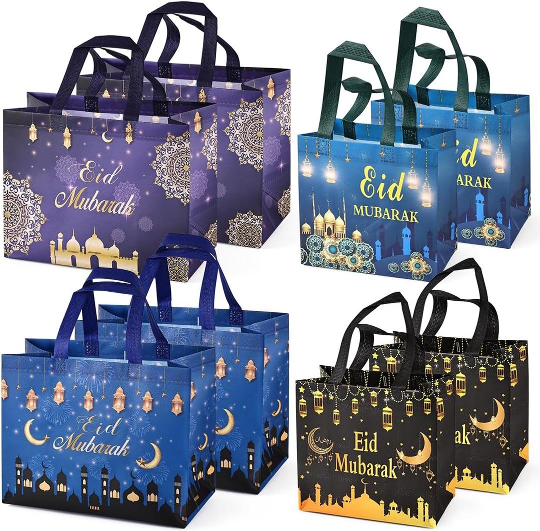 Eid Mubarak Gift Bags, 8Pcs Reusable Non-Woven Tote Bags, Assorted Sizes, Multicolor, for Eid Parties & Gift Packaging, Small: 232211cm, Large: 32.52517cm