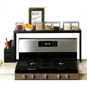 Over The Stove Shelf Wooden,Bamboo Spice Rack for Above the Kitchen Hob,31.5-inch Spice Storage Rack,Height-Adjustable, 50-pound Weight Capacity, Easy to Assemble (Black)