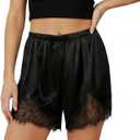 Women Satin Silk Lace Shorts, Elastic Waist Y2K Pajama Shorts Silky French Knickers Half Slip Mini Pjs Bottom (Large, Black)