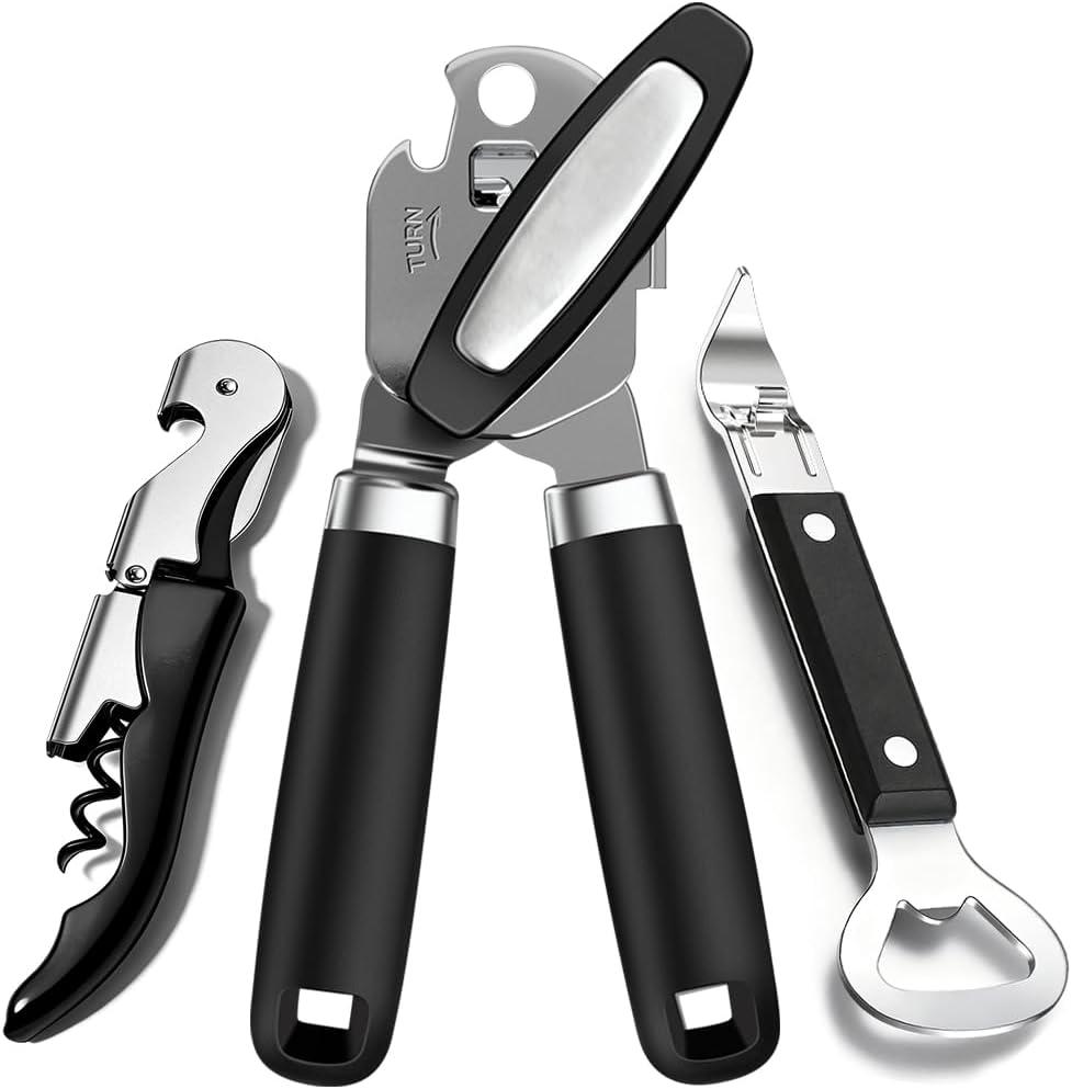 3PCS Can Opener Manual & Bottle Opener & Opener, Smooth Edge Can Openers with Strong Magnet, Heavy Duty Stainless Steel Abrelatas Handheld Waiter Corkscrew - Premium Kitchen Supplies (Black)
