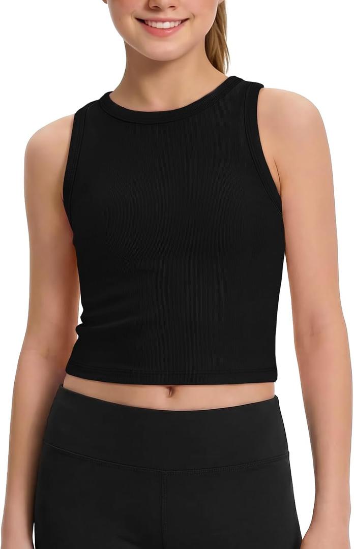 ZDC Girls Tank Tops Kids Athletic Ribbed Knit Crewneck Crop Tops Basic Camisole 5-14 Years