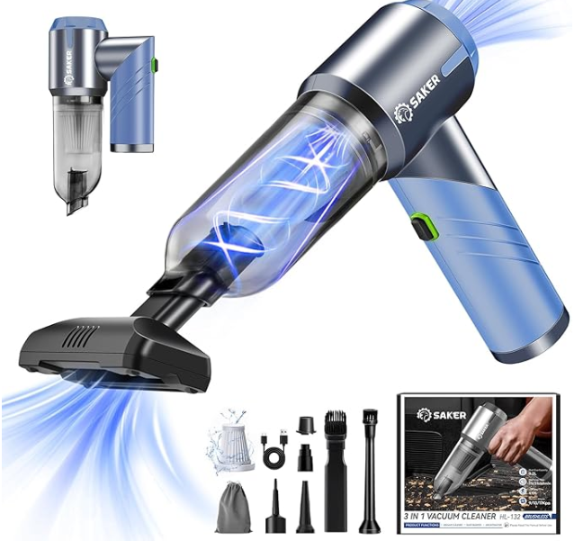 Saker Handheld Car Vacuum Portable Cordless17000PA Mini Vacuums Rechargeable Foldable Vacuum Cleaner with Brushless Motor for Home,Office Pet HL132 Black