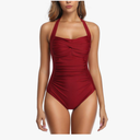 Smismivo Tummy Control Swimwear Halter One Piece Slimming Vintage Retro Swimsuit Womens Ruched Push Up Bathing Suit M