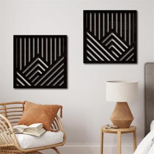 Geometric Mountain Wood Wall Art Decor, 2 Pcs Modern Mountain Wall Sculptures Wooden Square Hanging Abstract Panels, 3D Square Hollow Wood Art Wall Decor for Home Office Living Room Bedroom (Black)