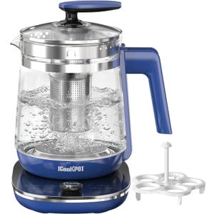 1200w Electric Kettle, 1.5L Borosilicate Glass tea kettle, Hot water kettle electric for Coffee or Tea, BPA Free, Auto Shut-Off, Stainless Steel, Fast Boil, Blue