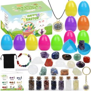 Qouinuey Prefilled Easter Eggs with 24 PCS Gemstones Crystals, Easter Basket Stuffers for Kids Party Favor Egg Hunt Game Classroom Exchange Gift for Boys Girls