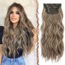 FESHFEN Clip in Hair Extensions - 4 PCS Long Wavy Thick Highlighted Clip in Hairpieces Full Head Synthetic Hair Extension for Women, 20 Inch Brunette Mixed Ash Blonde
