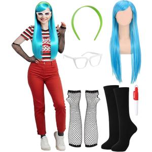 Hoteam 8 Pcs Halloween Women Costume Accessories Set Include Blue Wig Green Wide Headband White Glasses Black Fishnet Gloves over The Calf Socks Red Pen for Halloween Party