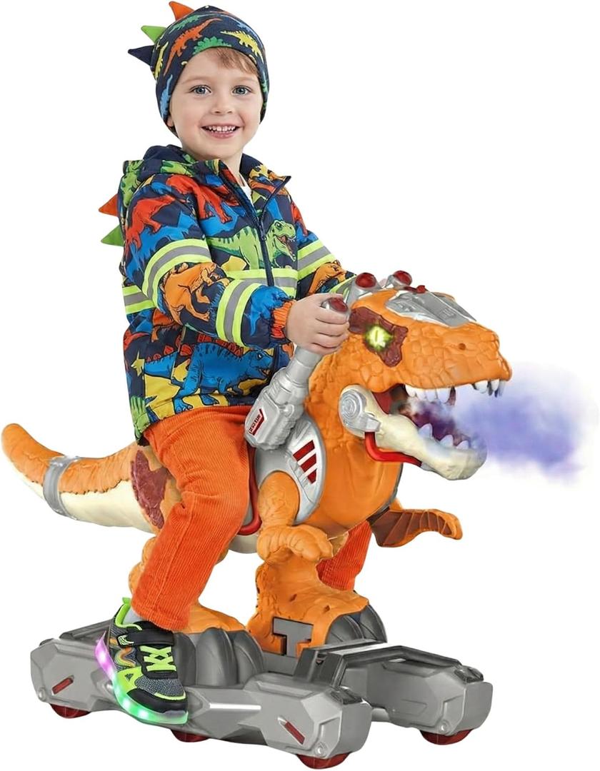 Dinosaur Ride On Push Car for Little Kids, Battery Operated Push & Ride Electric Foot-to-Floor Sliding Rideable Toy Scooter with Music, Light & Smoke for Toddlers