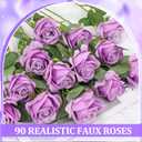 90 Pcs Purple Velvet Rose Artificial Flowers with Long Stems, Fake Silk Roses Real Touch Fake Roses Florals for Birthday Wedding Bouquet Party Arrangement Decorations