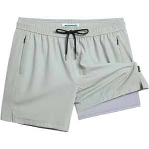 maamgic 5inch Mens Swimming Trunks with Compression Liner 2-in-1 Swim Trunks Stretch Quick Dry Swim Shorts Zipper Pockets (XX-Large, Green and Gray)