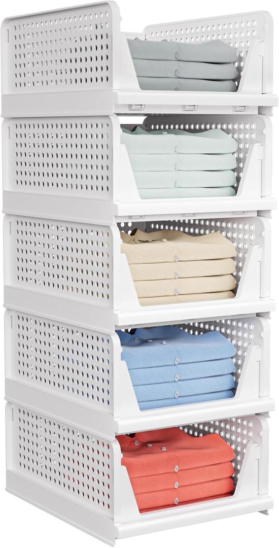 5 Pack Stackable Closet Organizer Box - Stackable Storage Bins, Plastic Storage Basket Foldable Closet Storage Basket for Wardrobe Cupboard Kitchen Bathroom Officem, White (5 Pack White)