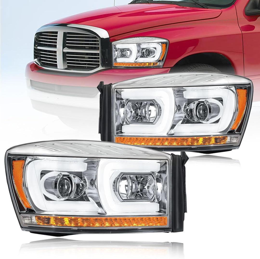 LED DRL Headlight Compatible with 2006-2008 Dodge Ram 1500 2500 3500 Left Right Side Replacement Headlamp w/Running Light Bar Chrome Housing Amber Reflector need H1 Bulb