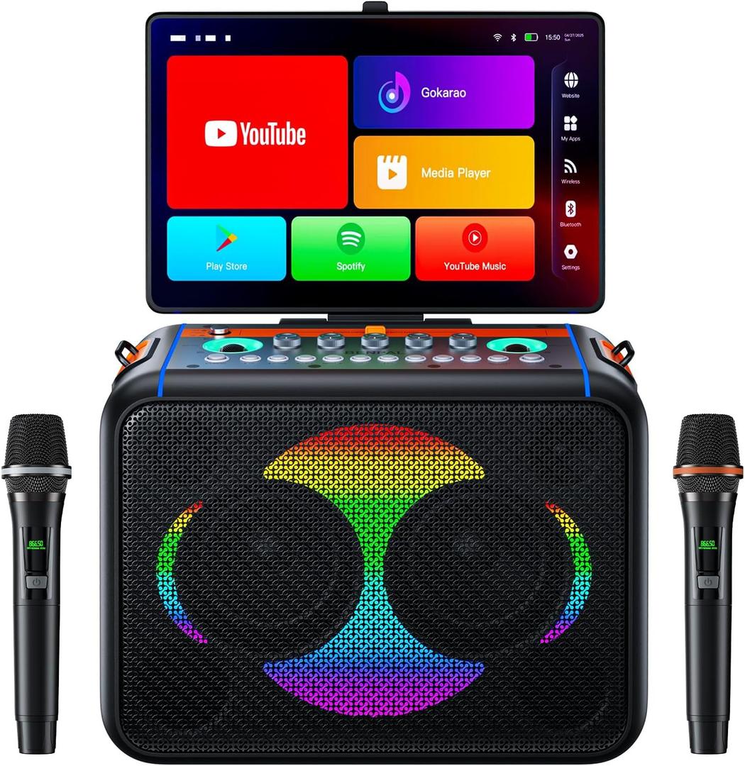 Smart Karaoke Machine with 14.0'' Touch Screen, Lyrics Display & Pre-Install Karaoke APP, Up to 600W Party Speaker and Dual Wireless Mics, Portable for Home & Outdoor