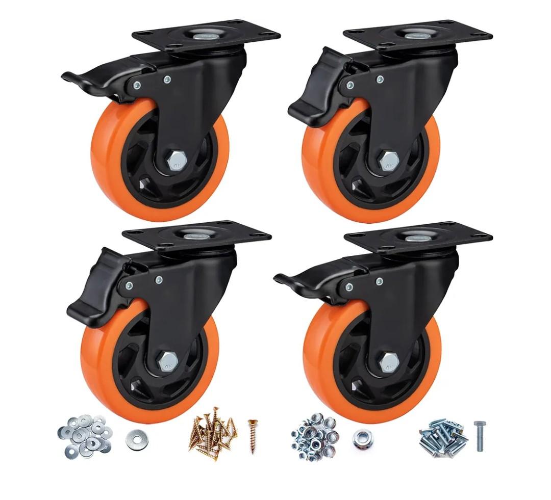 4" Caster Wheels, Casters Set of 4 Heavy Duty - Orange Polyurethane Castors, Top Plate Swivel Wheels, 4-Pack Industrial Casters with Brake, Locking Caster for Furniture and Workbench